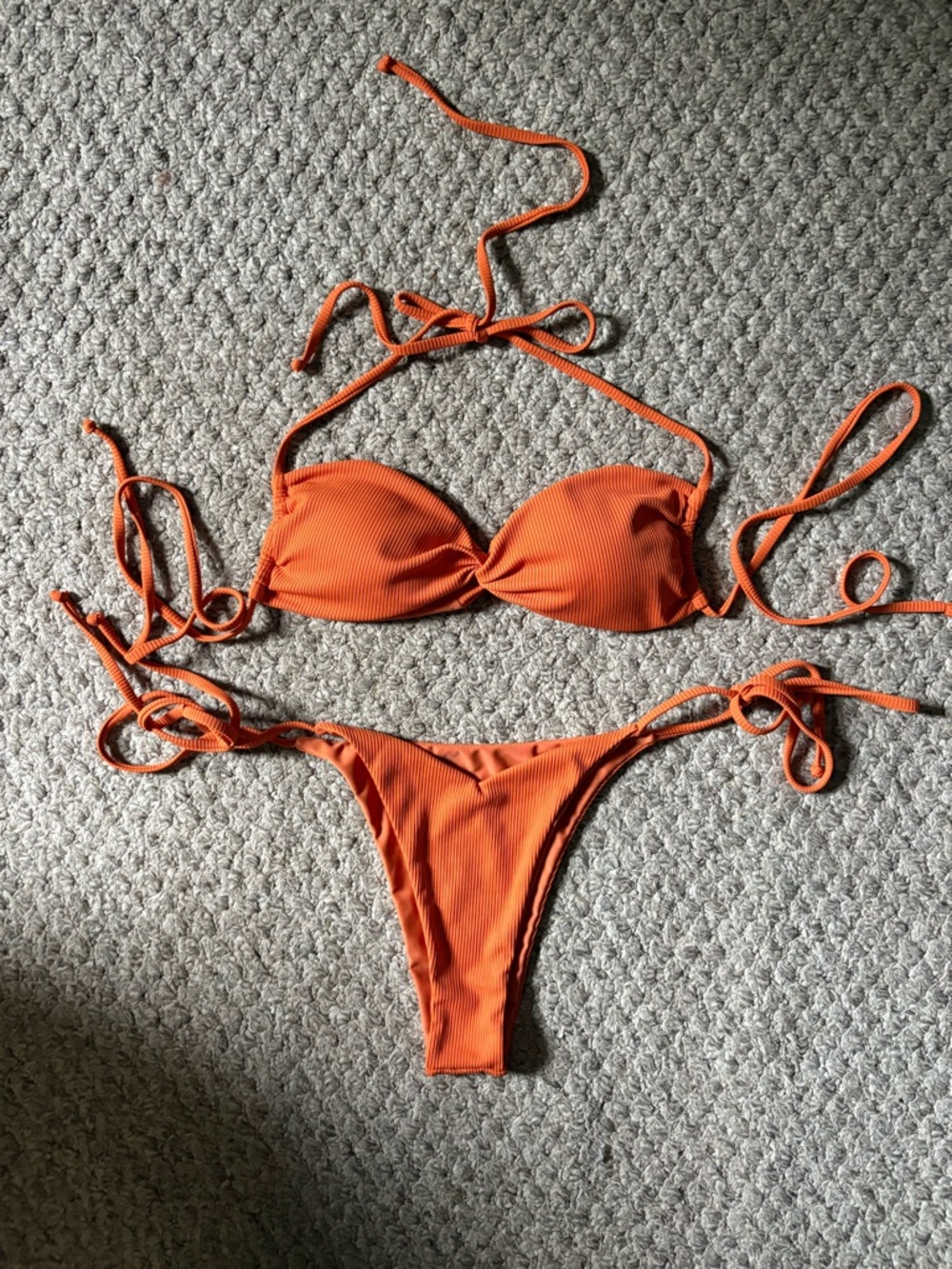Orange Tie-Strap Ribbed Bikini Set - Women Swim
